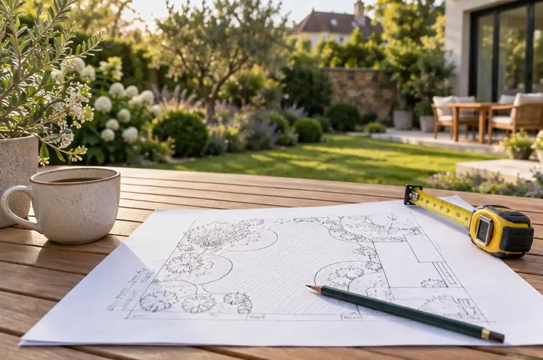 Croquis d’aménagement de jardin sur une table de jardin