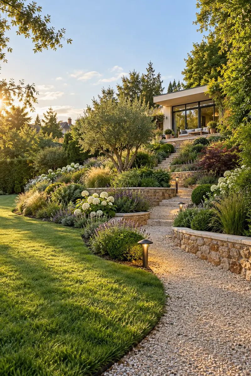 Allée de gravier montant entre des terrasses plantées vers une maison contemporaine
