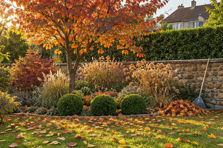 Feuillage rouge du cerisier et feuilles mortes sur la pelouse en automne