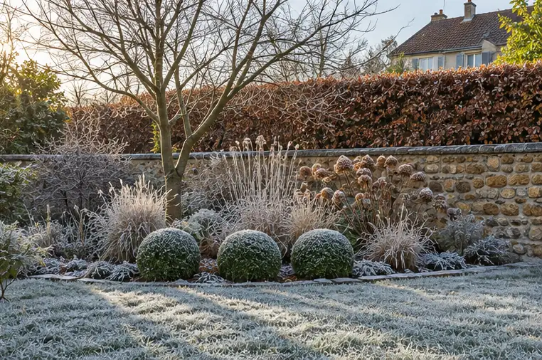 Pelouse et buis couverts de givre en hiver