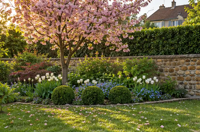 Cerisier en fleurs, tulipes blanches et myosotis au printemps